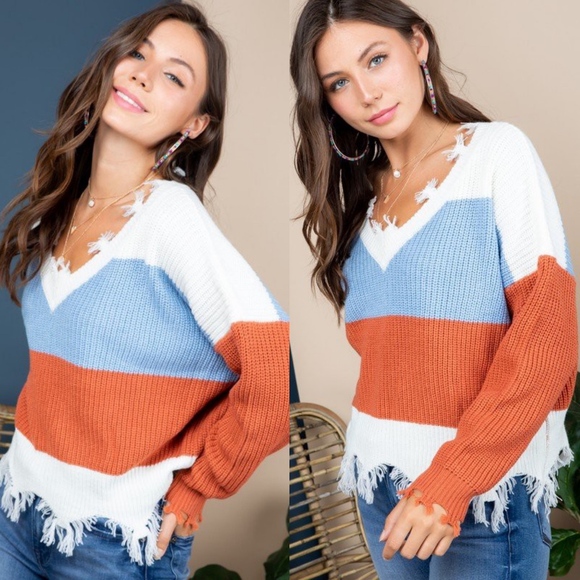 Last1️⃣Stripe Color Block Sweater Cozy Loose Top - Picture 2 of 5